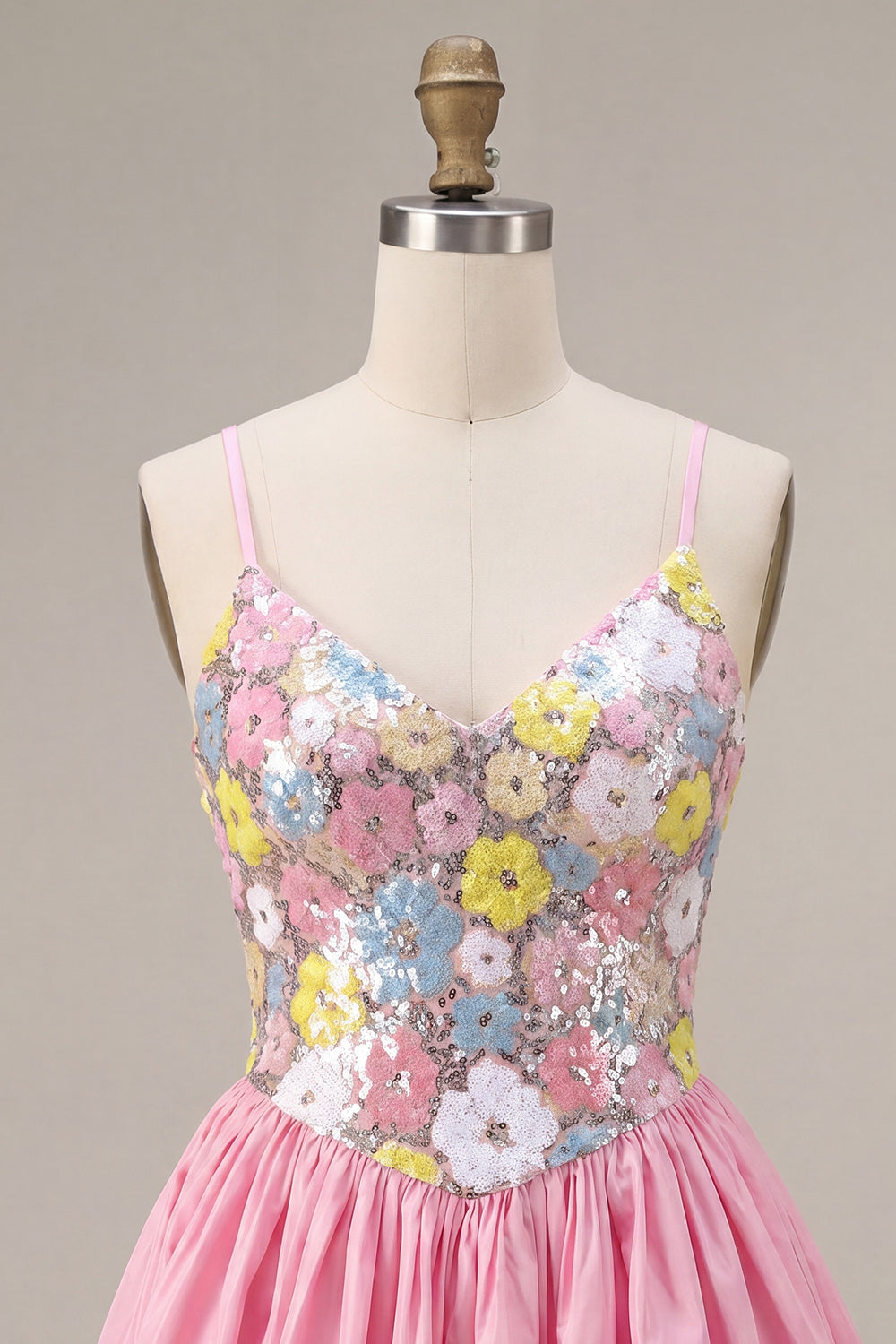 A-Line Pink Floral Spaghetti Straps Homecoming Dress with Sequins
