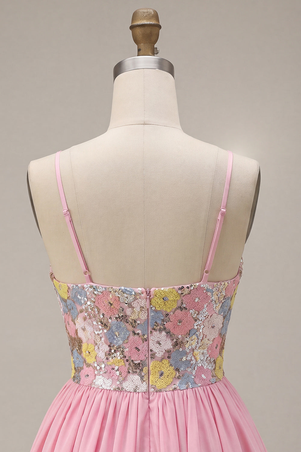 A-Line Pink Floral Spaghetti Straps Homecoming Dress with Sequins