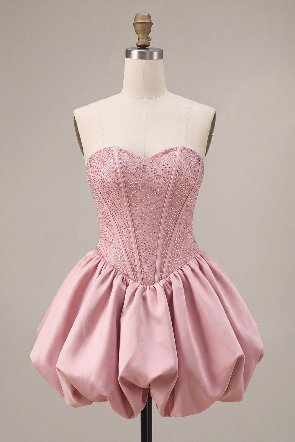 A-Line Pink Strapless Corset Satin Homecoming Dress with Beading