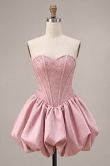 A-Line Pink Strapless Corset Satin Homecoming Dress with Beading