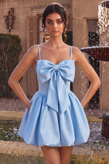 A-Line Sky Blue Satin Spaghetti Straps Corset Homecoming Dress with Bow