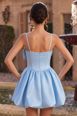 A-Line Sky Blue Satin Spaghetti Straps Corset Homecoming Dress with Bow