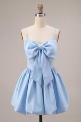 A-Line Sky Blue Satin Spaghetti Straps Corset Homecoming Dress with Bow