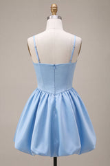 A-Line Sky Blue Satin Spaghetti Straps Corset Homecoming Dress with Bow