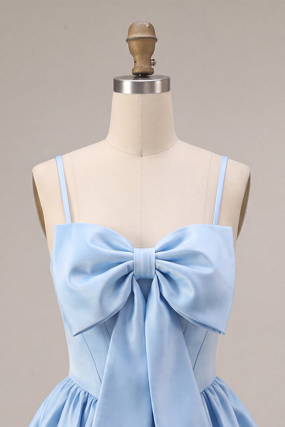 A-Line Sky Blue Satin Spaghetti Straps Corset Homecoming Dress with Bow