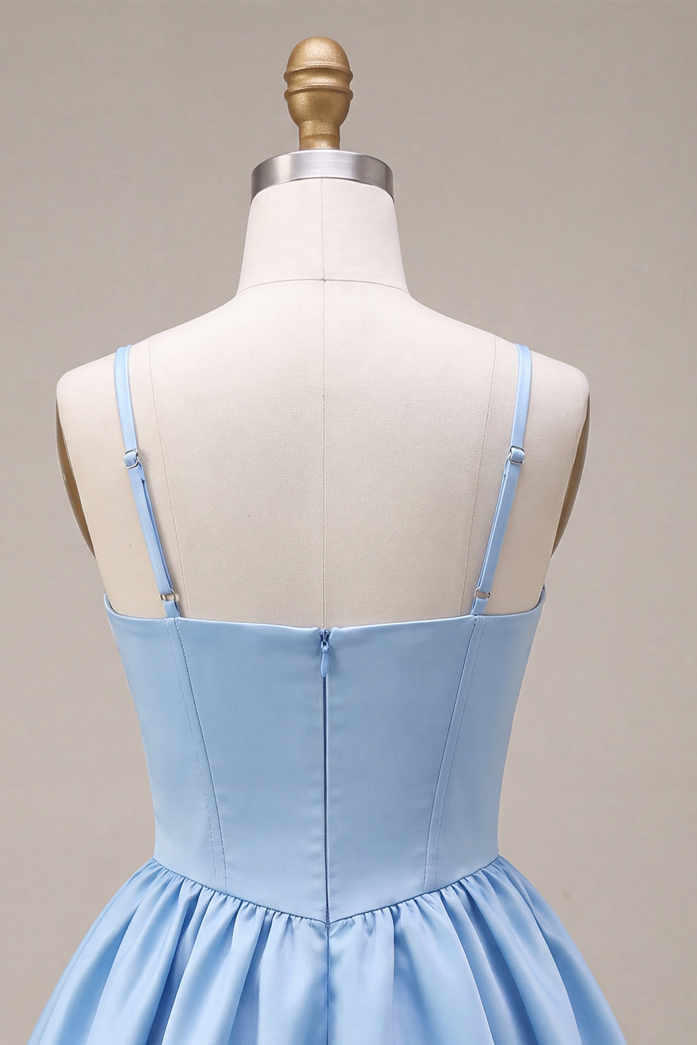 A-Line Sky Blue Satin Spaghetti Straps Corset Homecoming Dress with Bow