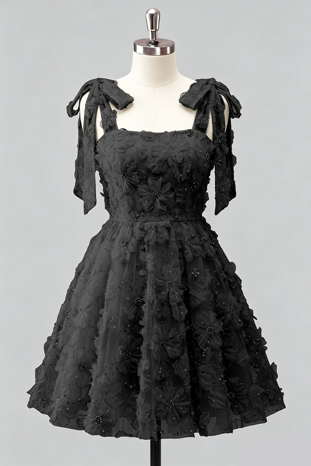 A-Line Pearls Beaded Floral A-Line Homecoming Dress with Tie Straps