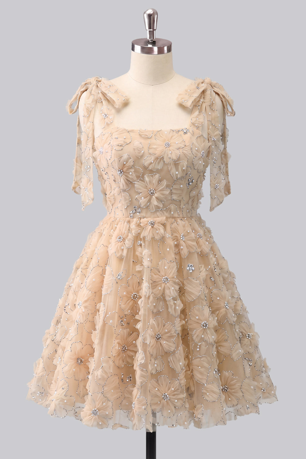 A-Line Pearls Beaded Floral A-Line Homecoming Dress with Tie Straps