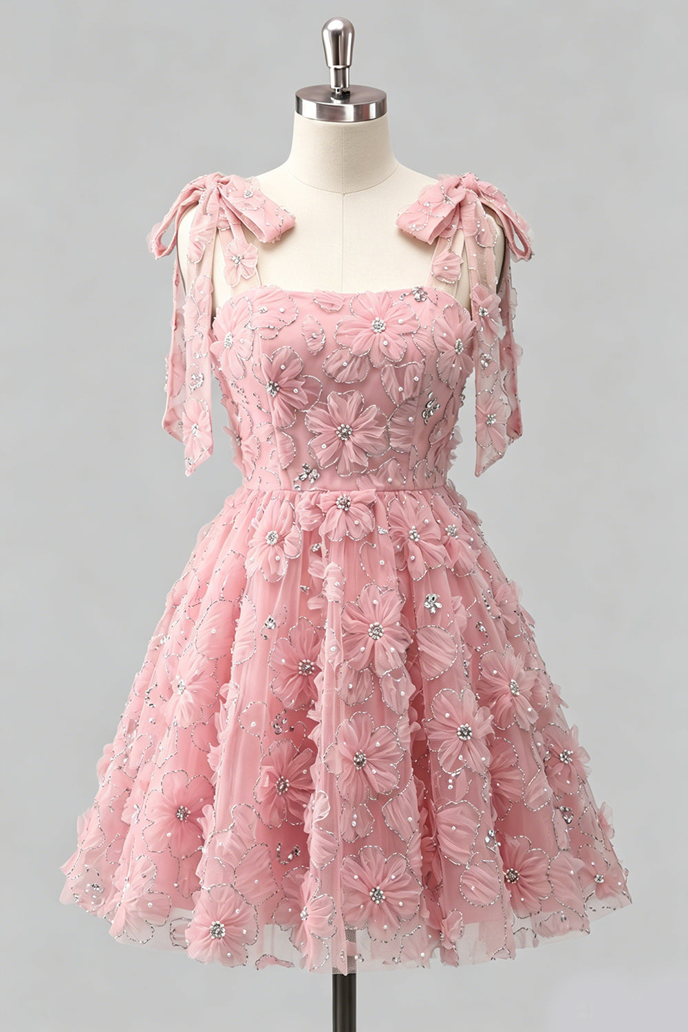 A-Line Pearls Beaded Floral A-Line Homecoming Dress with Tie Straps