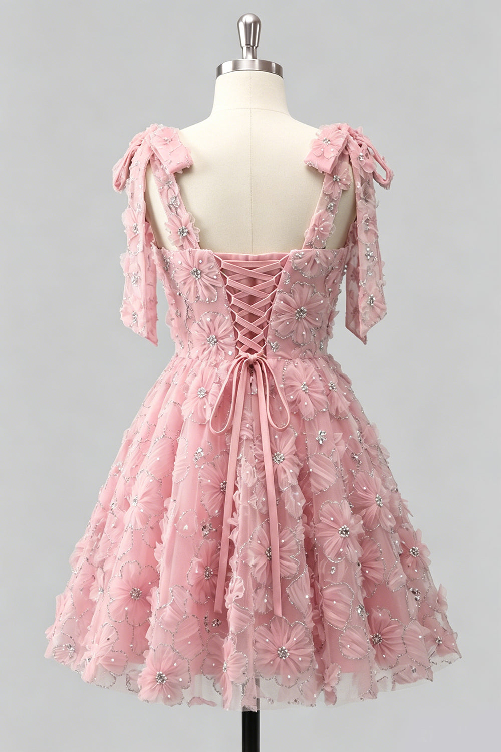 A-Line Pearls Beaded Floral A-Line Homecoming Dress with Tie Straps