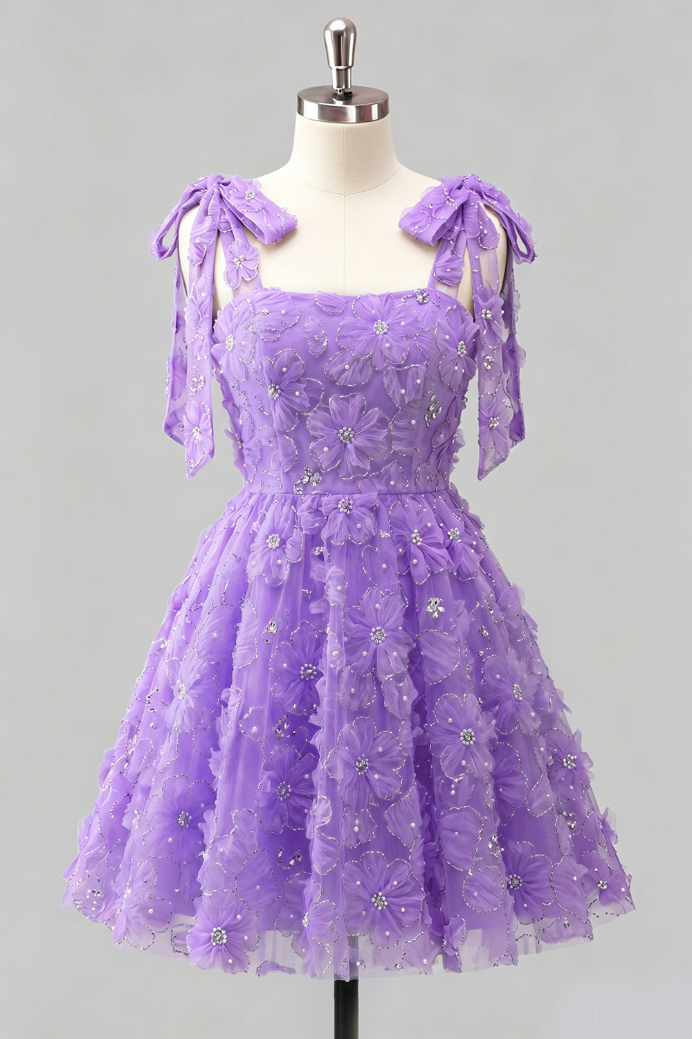 A-Line Pearls Beaded Floral A-Line Homecoming Dress with Tie Straps