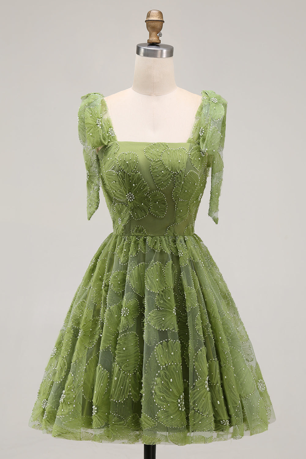 A-Line Pearls Beaded Floral A-Line Homecoming Dress with Tie Straps