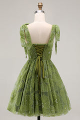 A-Line Pearls Beaded Floral A-Line Homecoming Dress with Tie Straps