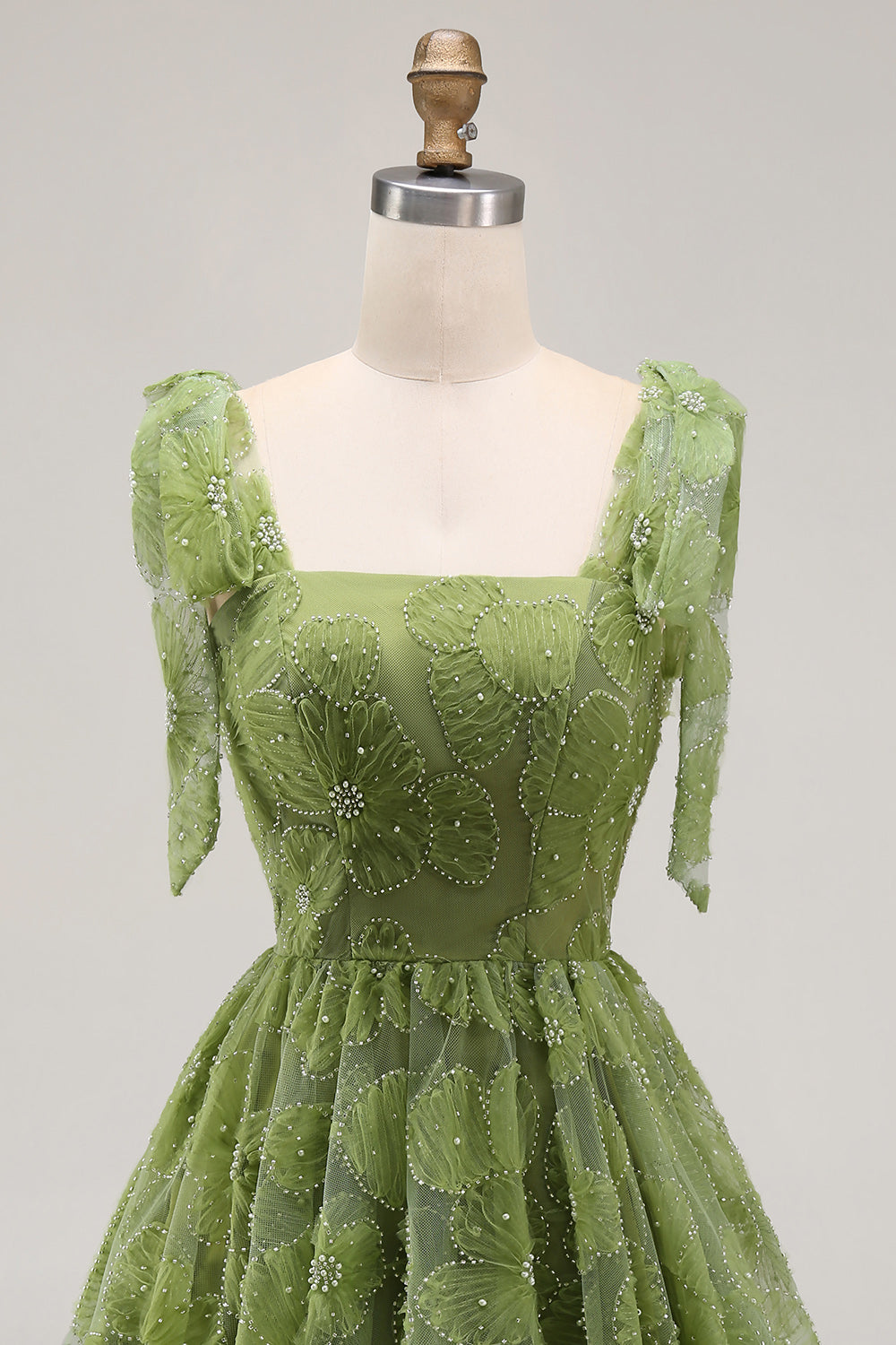 A-Line Pearls Beaded Floral A-Line Homecoming Dress with Tie Straps