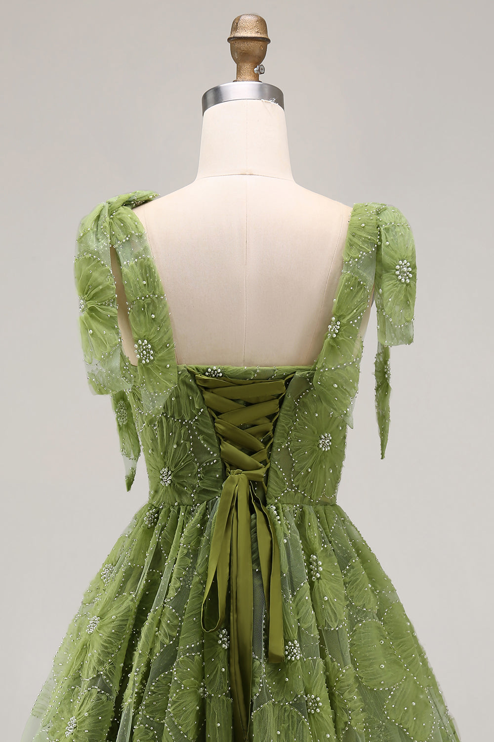 A-Line Pearls Beaded Floral A-Line Homecoming Dress with Tie Straps
