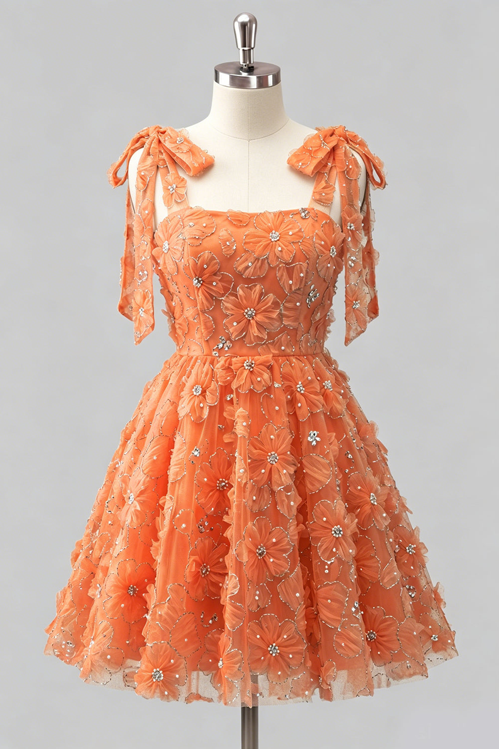 A-Line Pearls Beaded Floral A-Line Homecoming Dress with Tie Straps