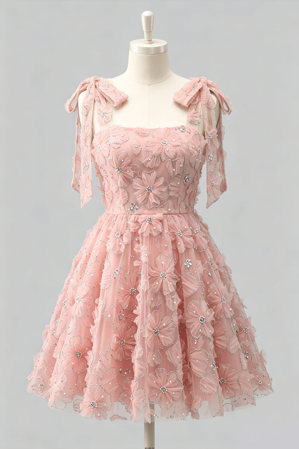 A-Line Pearls Beaded Floral A-Line Homecoming Dress with Tie Straps