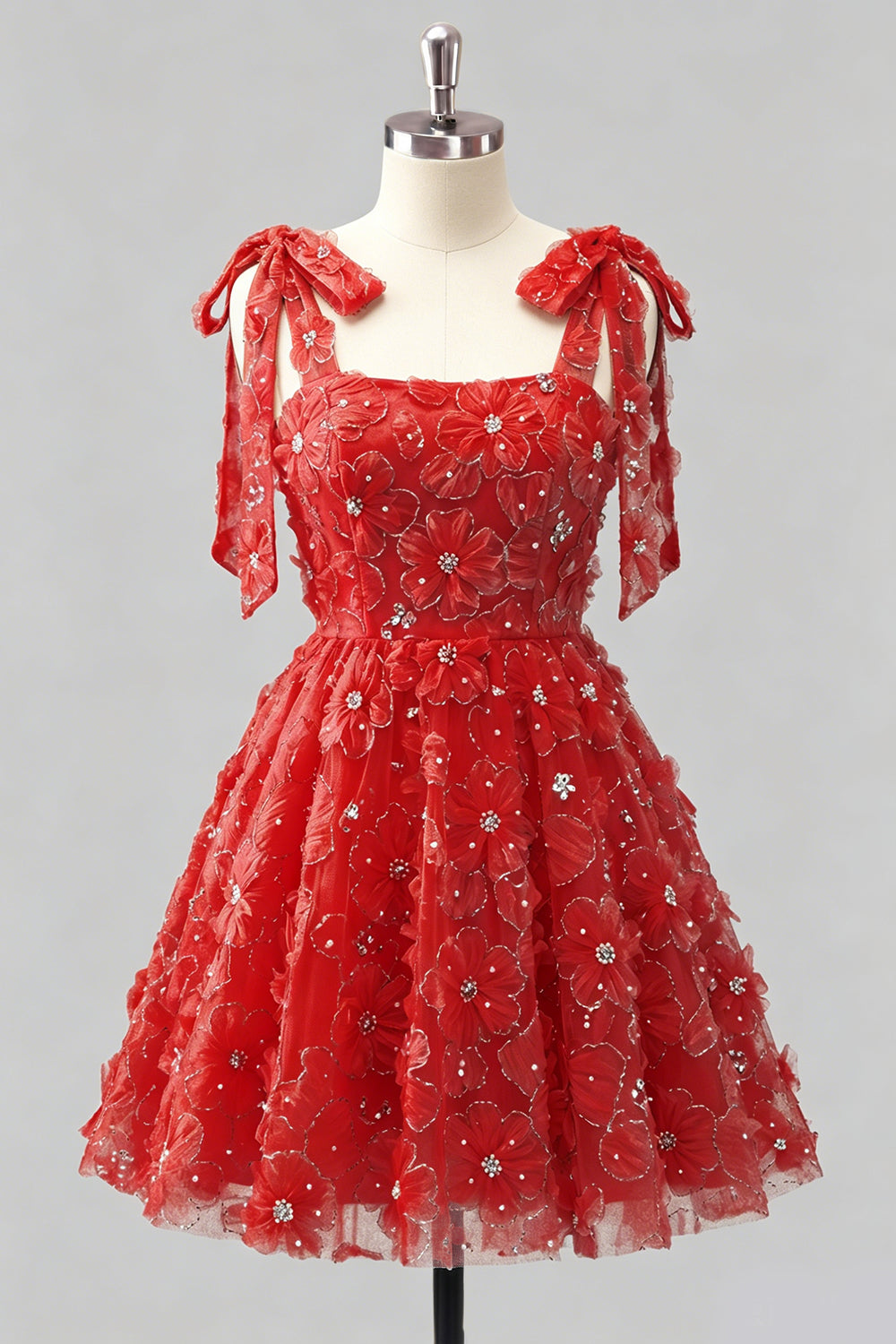 A-Line Pearls Beaded Floral A-Line Homecoming Dress with Tie Straps