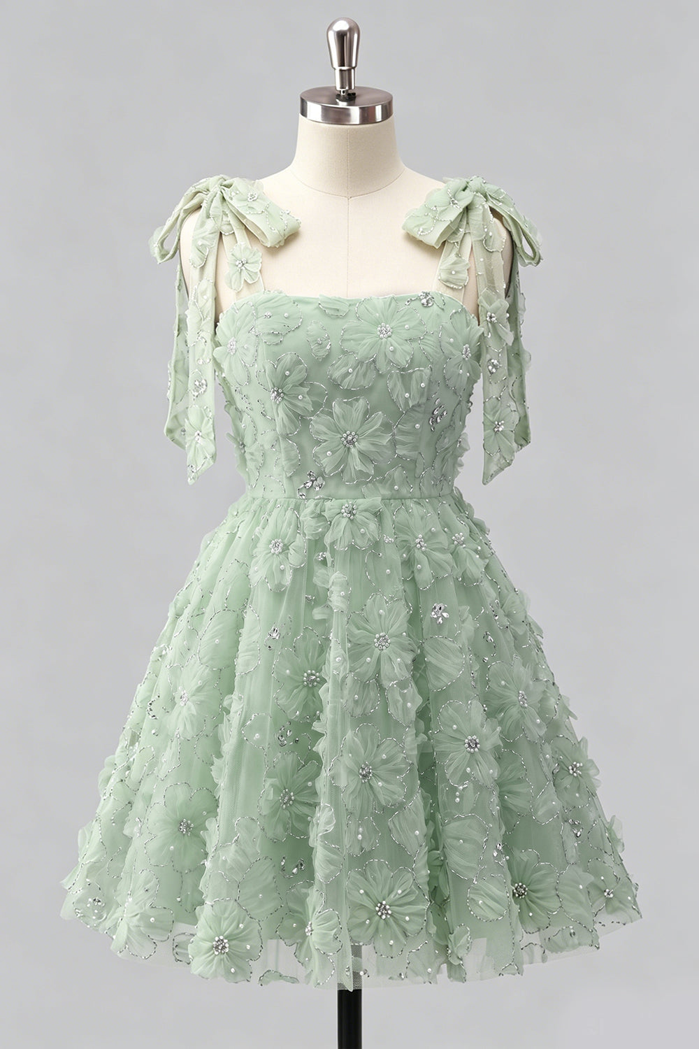 A-Line Pearls Beaded Floral A-Line Homecoming Dress with Tie Straps