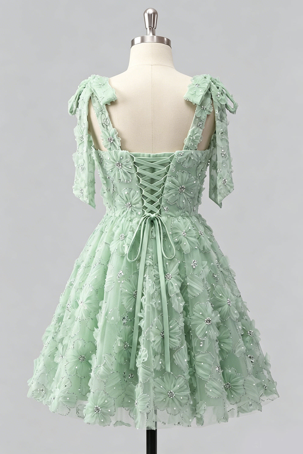 A-Line Pearls Beaded Floral A-Line Homecoming Dress with Tie Straps