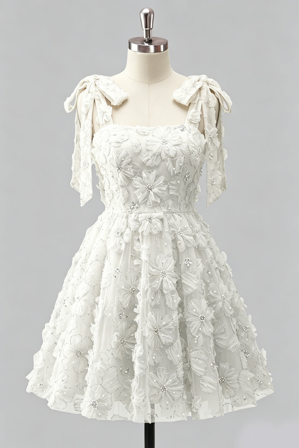 A-Line Pearls Beaded Floral A-Line Homecoming Dress with Tie Straps