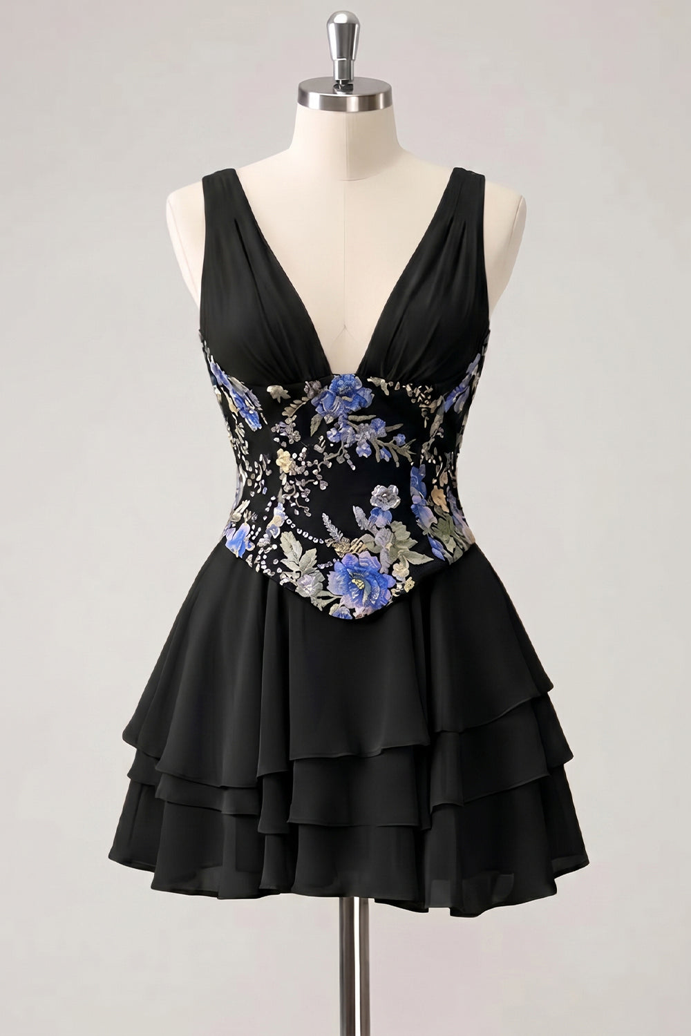 A-Line Pink Floral V-Neck Tiered Sequins Homecoming Dress with Lace Up Back