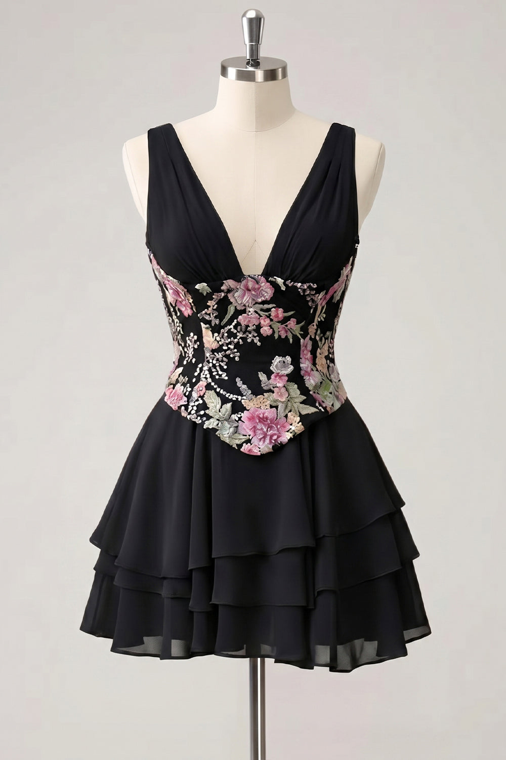A-Line Pink Floral V-Neck Tiered Sequins Homecoming Dress with Lace Up Back