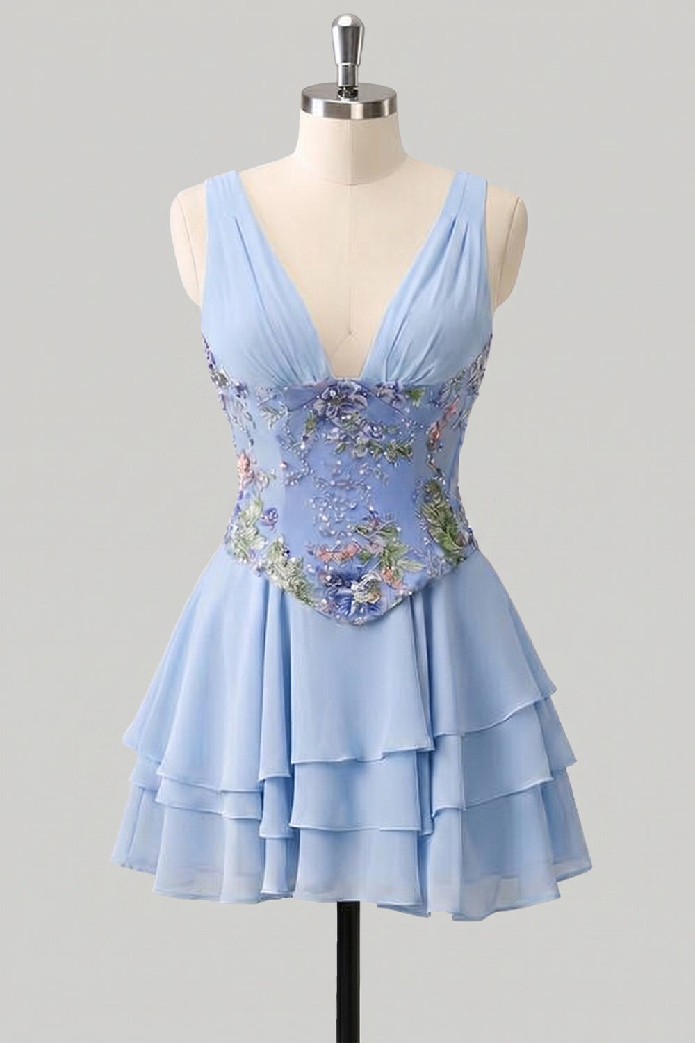 A-Line Pink Floral V-Neck Tiered Sequins Homecoming Dress with Lace Up Back