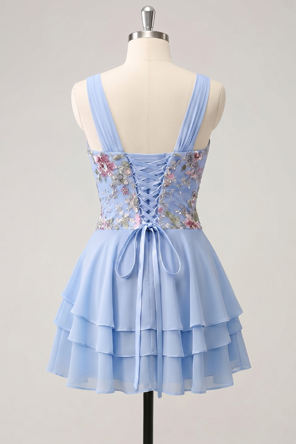 A-Line Pink Floral V-Neck Tiered Sequins Homecoming Dress with Lace Up Back