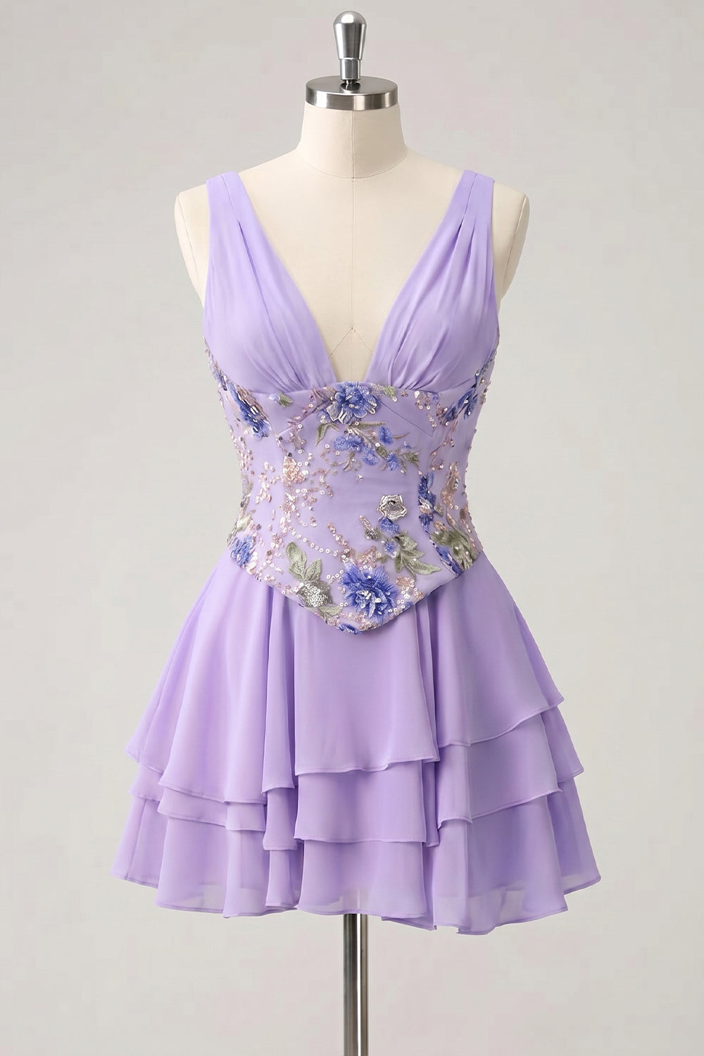 A-Line Pink Floral V-Neck Tiered Sequins Homecoming Dress with Lace Up Back