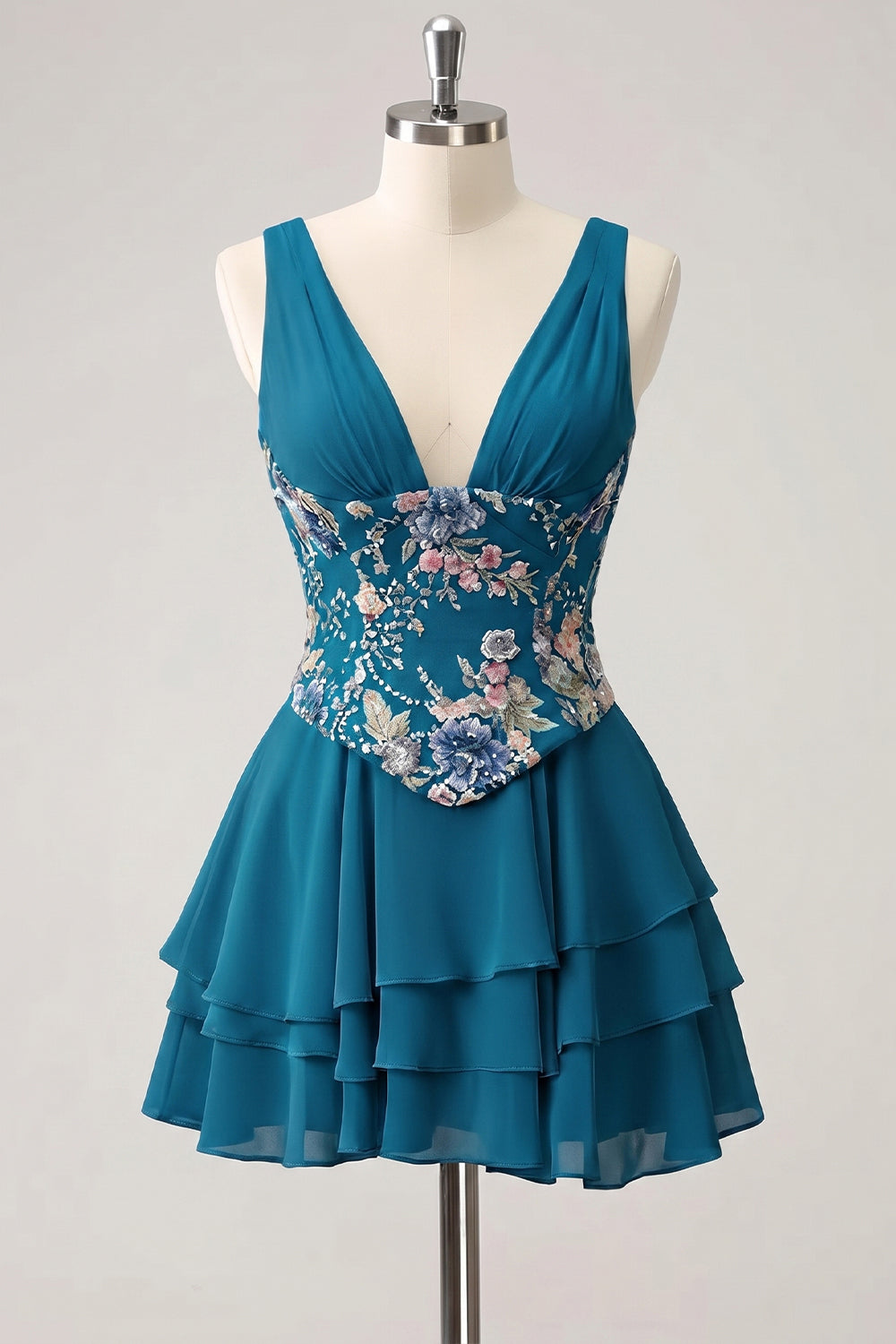 A-Line Pink Floral V-Neck Tiered Sequins Homecoming Dress with Lace Up Back