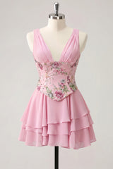 A-Line Pink Floral V-Neck Tiered Sequins Homecoming Dress with Lace Up Back