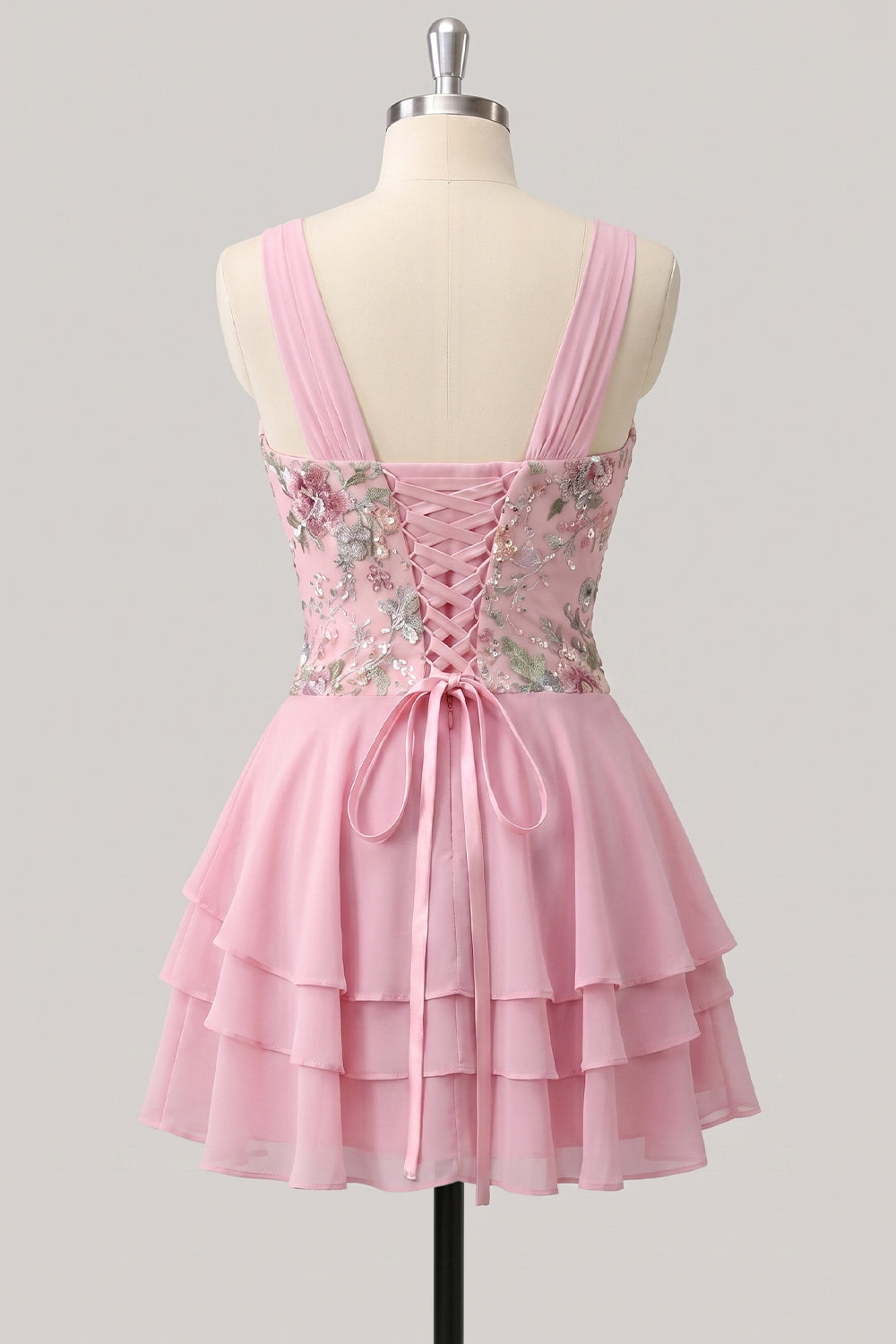 A-Line Pink Floral V-Neck Tiered Sequins Homecoming Dress with Lace Up Back
