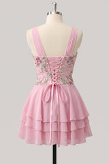 A-Line Pink Floral V-Neck Tiered Sequins Homecoming Dress with Lace Up Back
