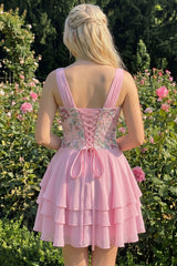 A-Line Pink Floral V-Neck Tiered Sequins Homecoming Dress with Lace Up Back