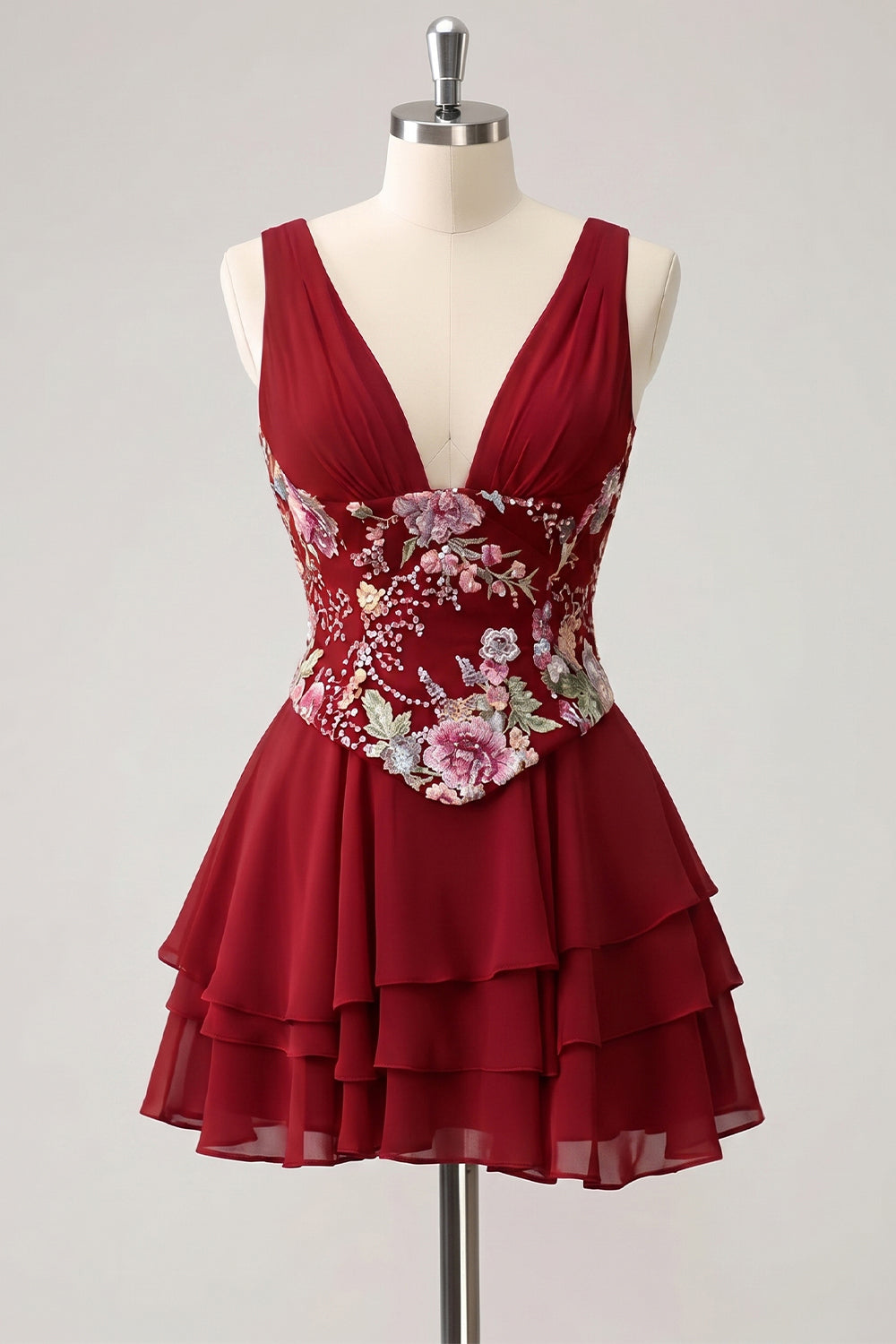 A-Line Pink Floral V-Neck Tiered Sequins Homecoming Dress with Lace Up Back
