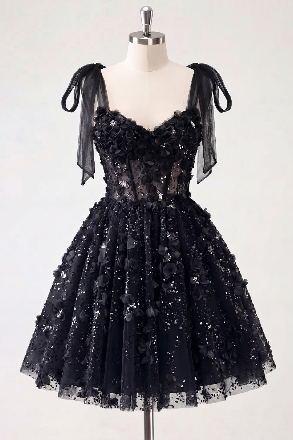 A-Line Floral Sheer Corset Sequins Homecoming Dress with Lace Up Back
