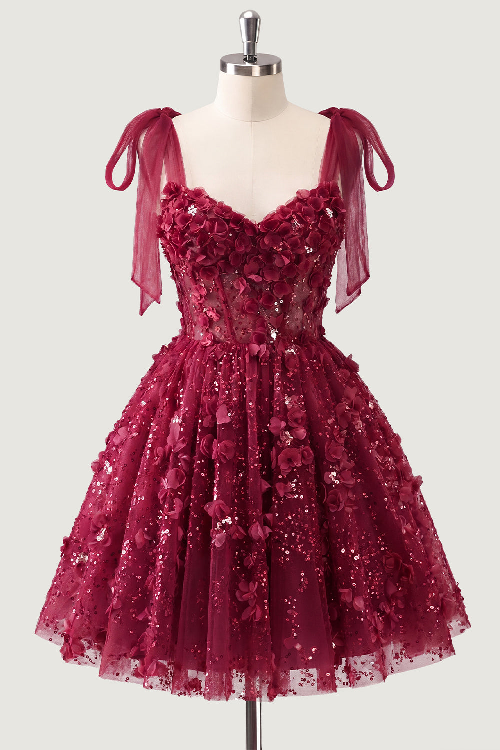 A-Line Floral Sheer Corset Sequins Homecoming Dress with Lace Up Back