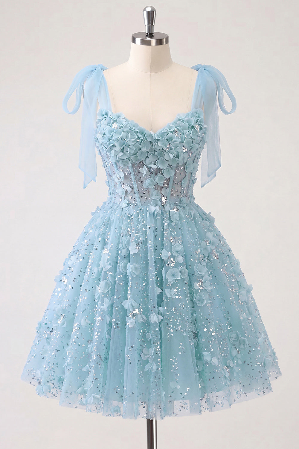 A-Line Floral Sheer Corset Sequins Homecoming Dress with Lace Up Back