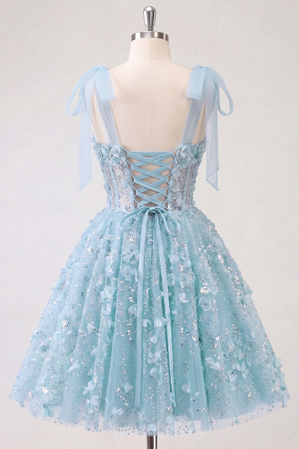 A-Line Floral Sheer Corset Sequins Homecoming Dress with Lace Up Back