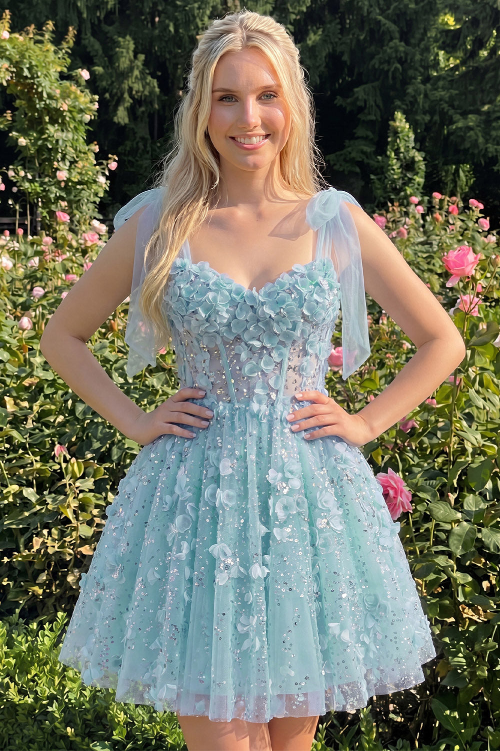 A-Line Floral Sheer Corset Sequins Homecoming Dress with Lace Up Back