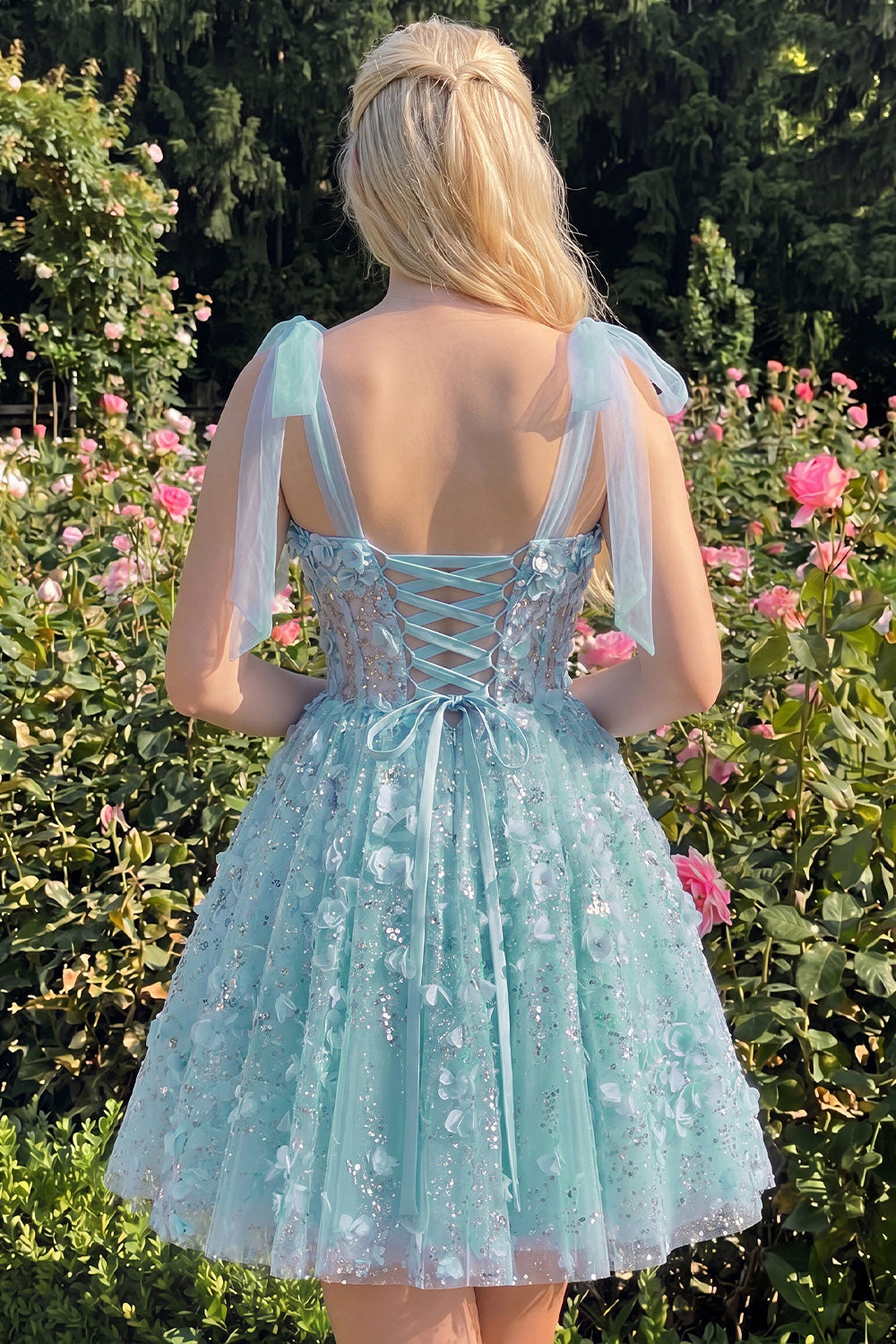A-Line Floral Sheer Corset Sequins Homecoming Dress with Lace Up Back