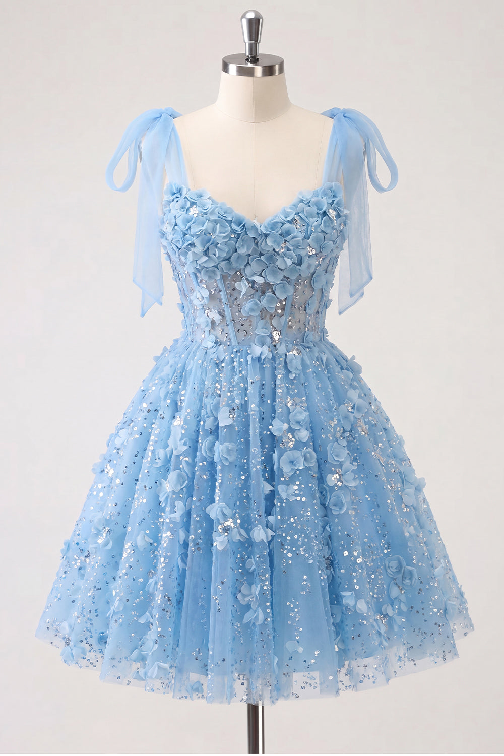 A-Line Floral Sheer Corset Sequins Homecoming Dress with Lace Up Back