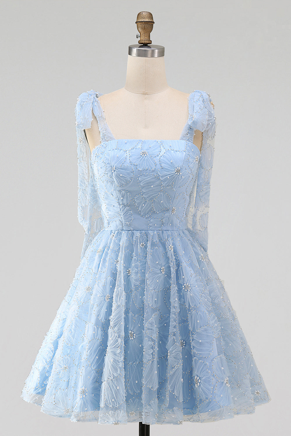 A-Line Pearls Beaded Floral A-Line Homecoming Dress with Tie Straps