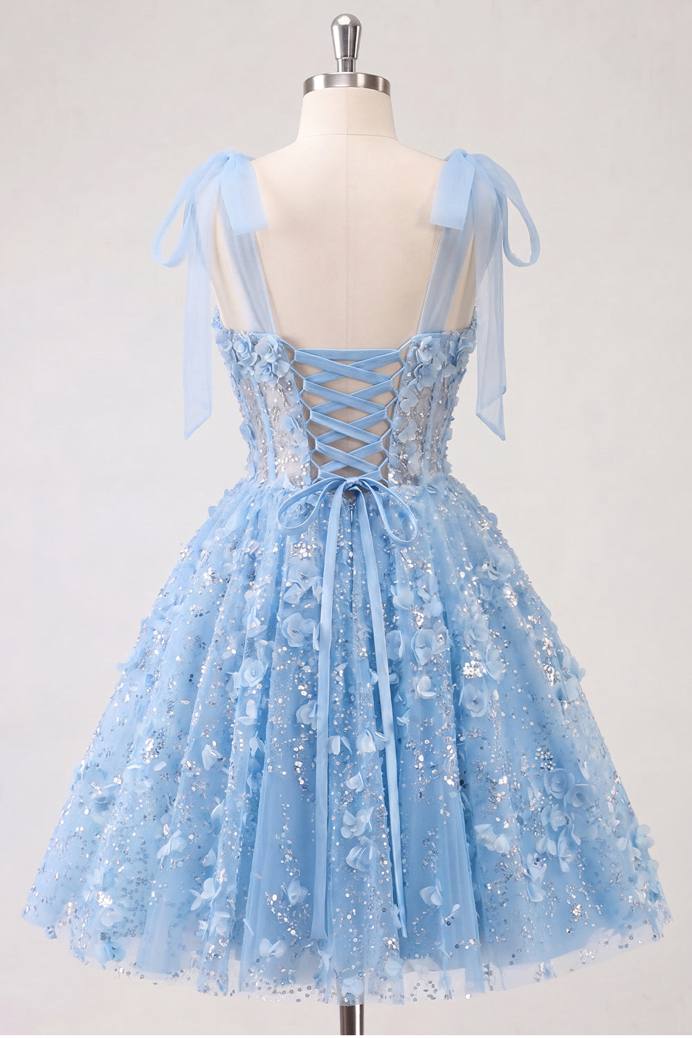 A-Line Floral Sheer Corset Sequins Homecoming Dress with Lace Up Back