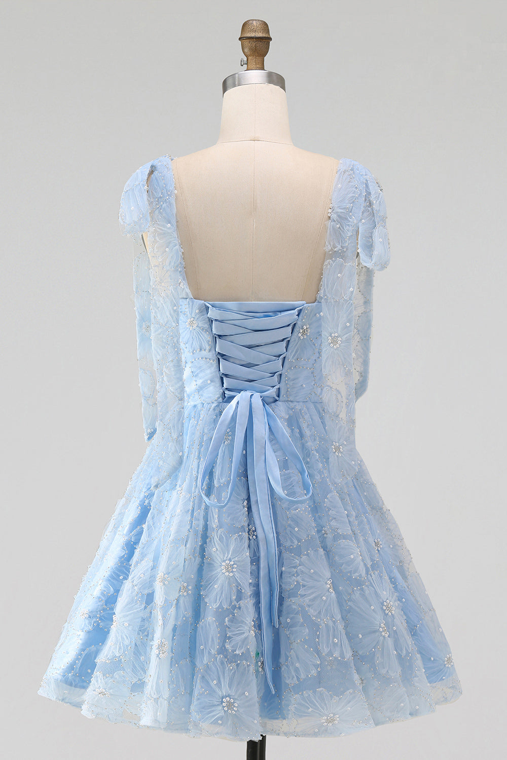 A-Line Pearls Beaded Floral A-Line Homecoming Dress with Tie Straps