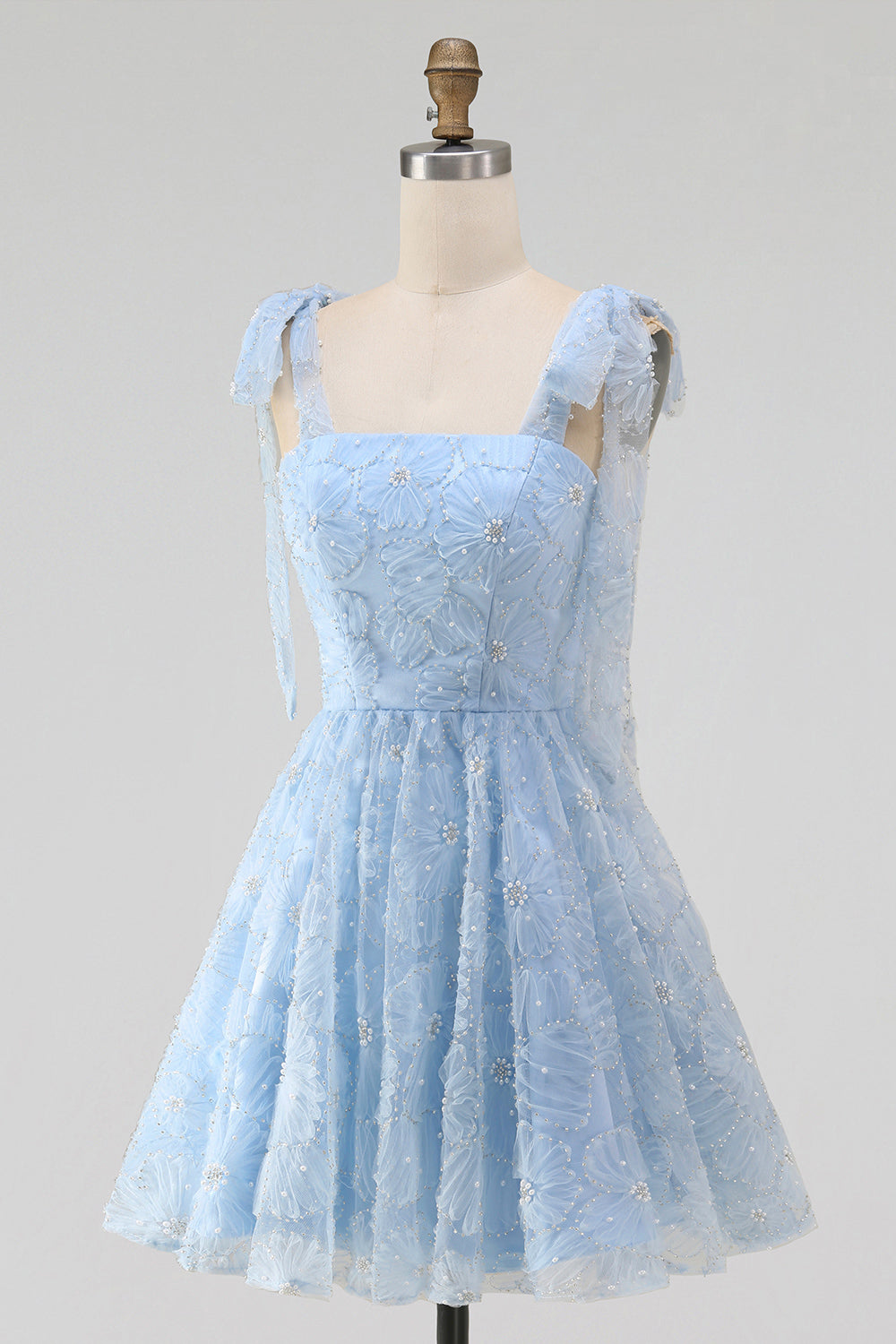 A-Line Pearls Beaded Floral A-Line Homecoming Dress with Tie Straps