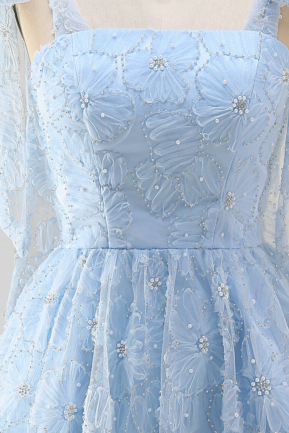 A-Line Pearls Beaded Floral A-Line Homecoming Dress with Tie Straps