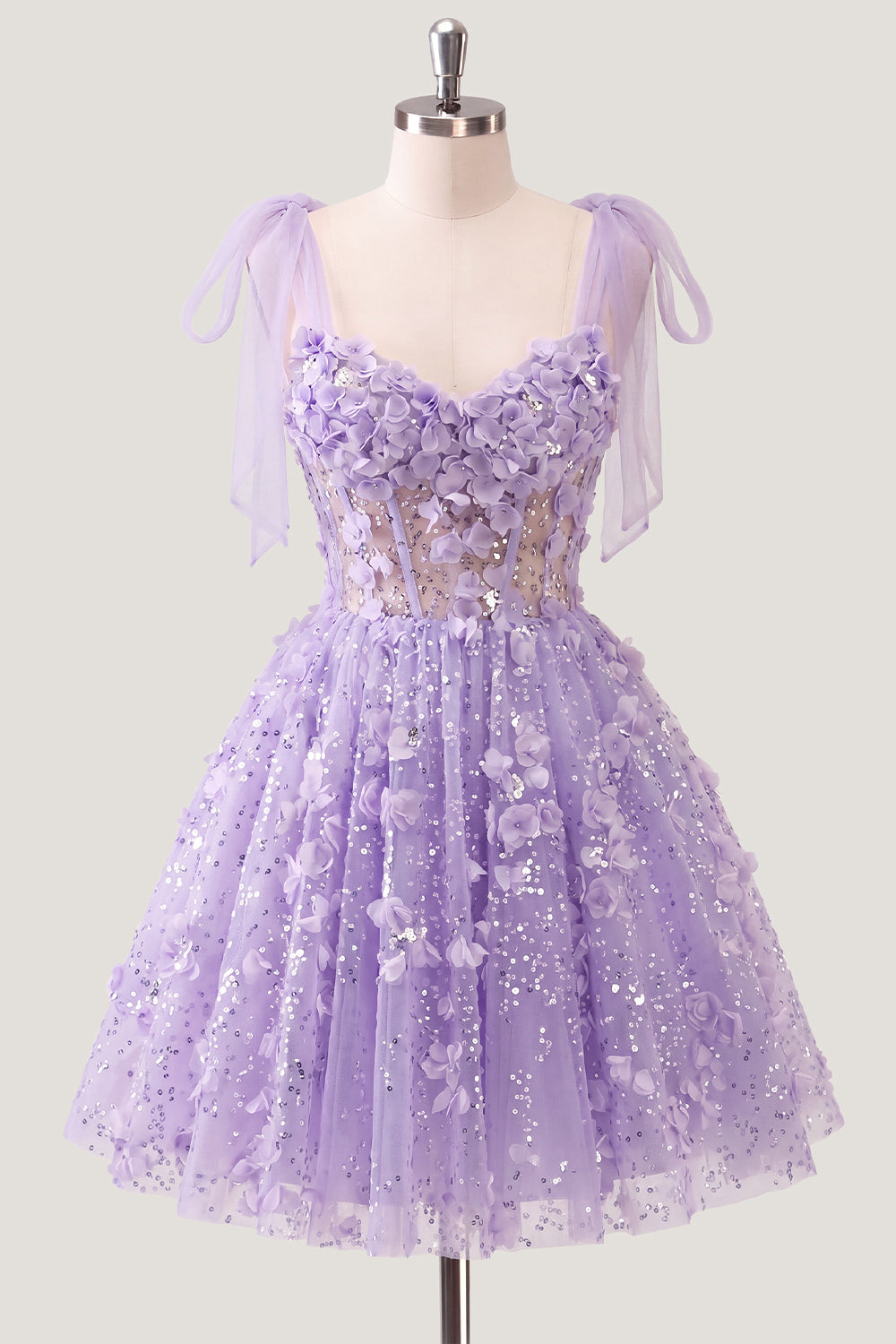A-Line Floral Sheer Corset Sequins Homecoming Dress with Lace Up Back