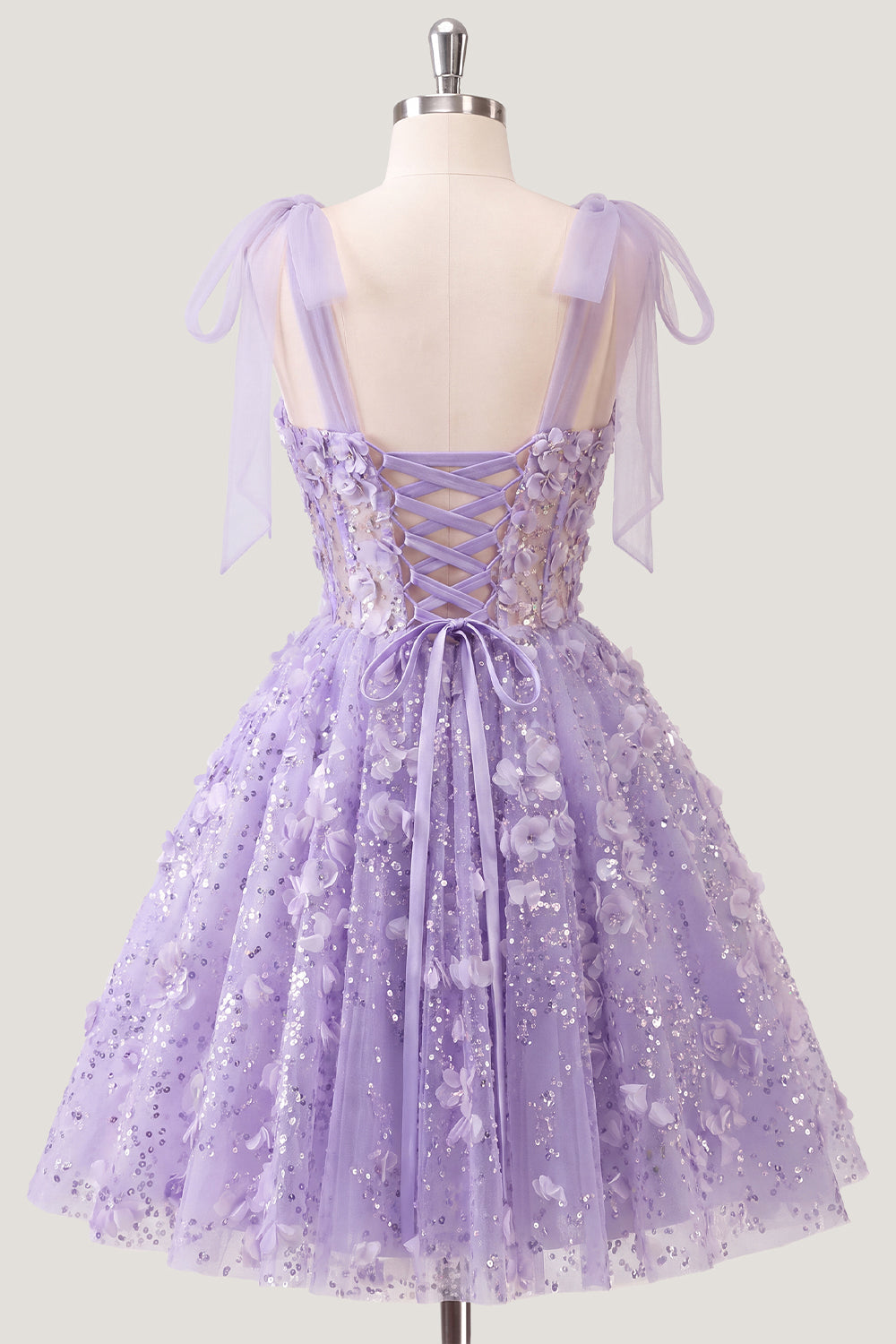 A-Line Floral Sheer Corset Sequins Homecoming Dress with Lace Up Back